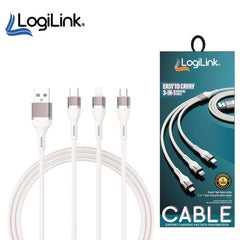 LOGILINK 3IN1 USB TO MICRO/TYPE C/IPHONE NYLON DATA CABLE 6A FAST CHARGING 1M WITH 1 YEAR WARRANTY WHITE