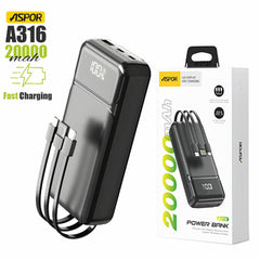 ASPOR A316 20000MAH 22.5W HIGH SPEED BUILT IN CABLE FAST CHARGING POWER BANK BLACK