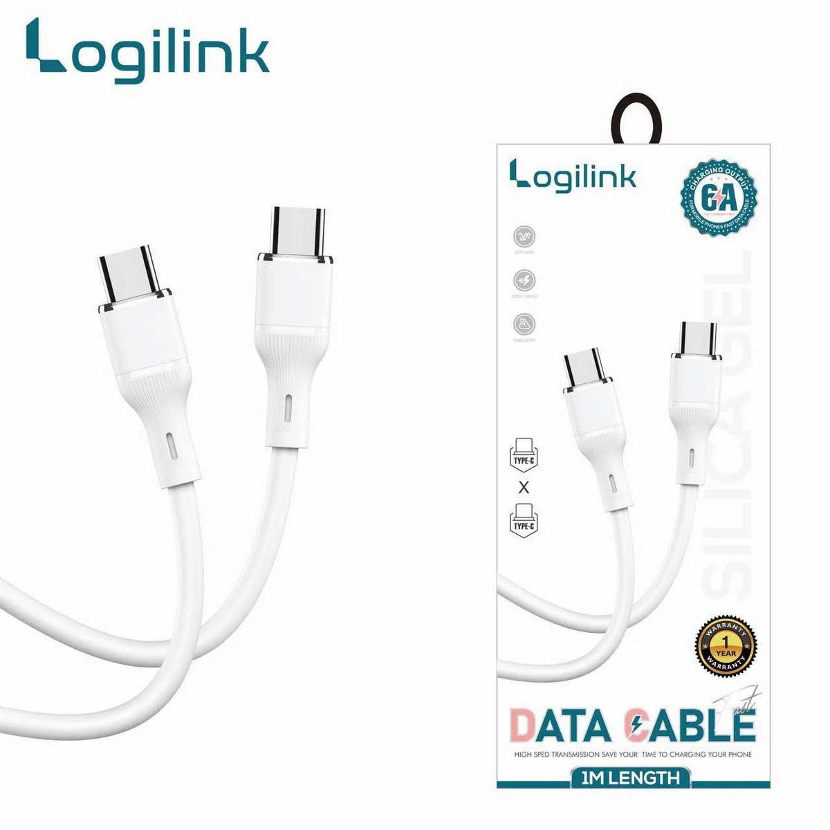 LOGILINK TYPE C TO TYPE C NYLON FAST CHARGING DATA CABLE WITH LIGHT 1M (1 YEAR WARRANTY WHITE)