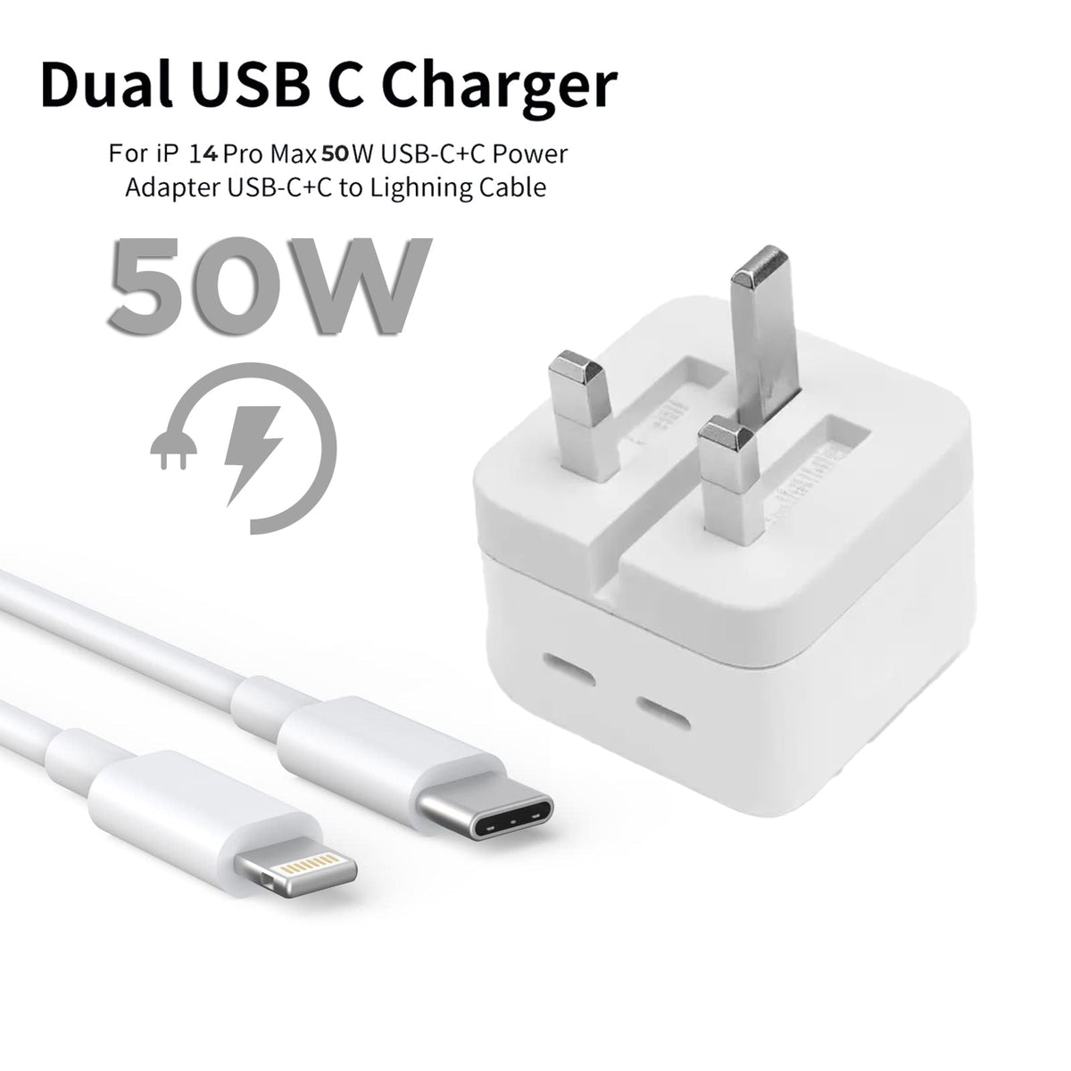Iphone 14 Pro 3 Pin (uk Pin) 50w Usb-c+c Power Adapter With Usb-c To Lightining Cable