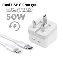 Iphone 14 Pro 3 Pin (uk Pin) 50w Usb-c+c Power Adapter With Usb-c To Lightining Cable