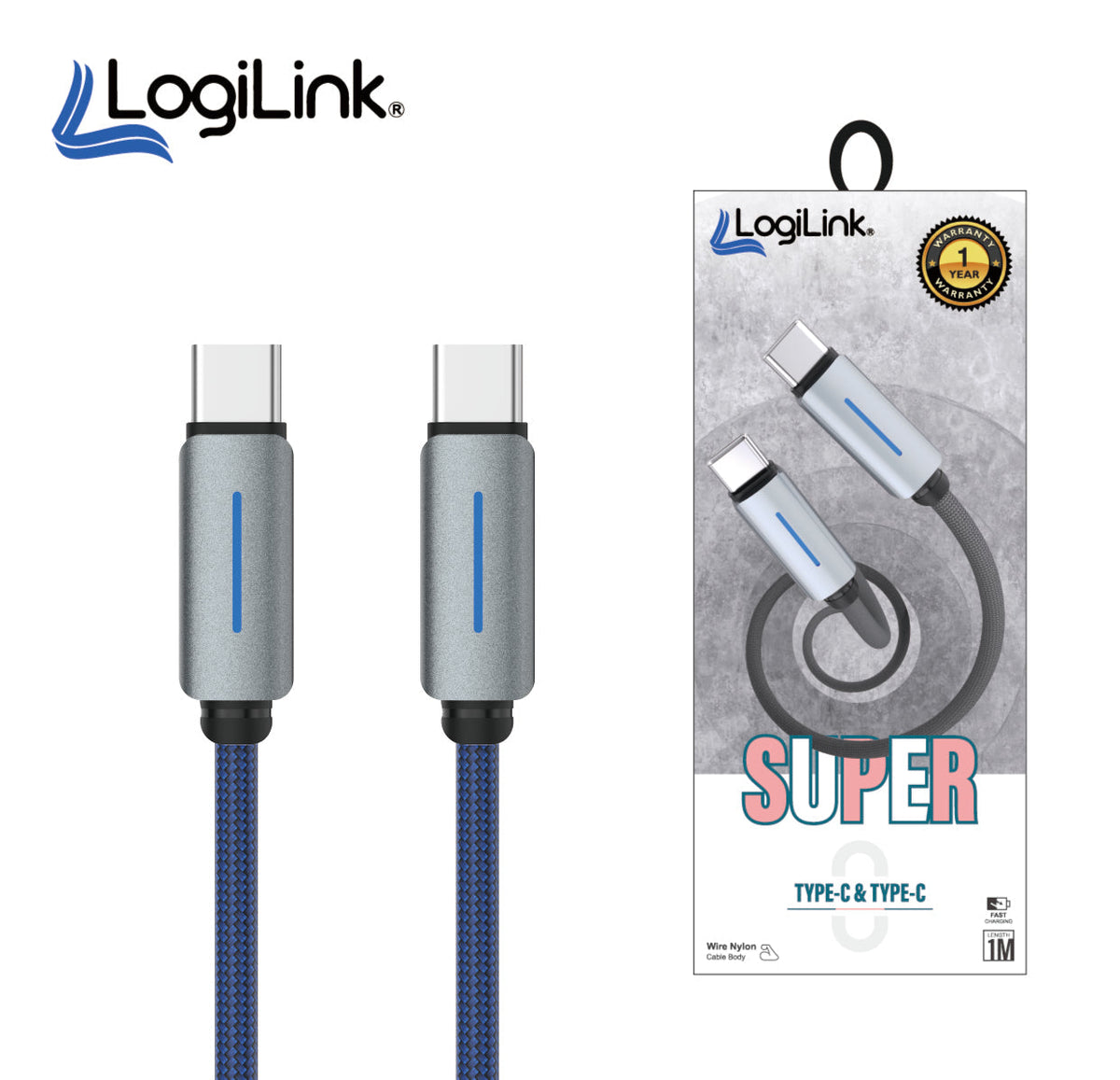 LOGILINK TYPE C TO TYPE C NYLON FAST CHARGING DATA CABLE WITH LIGHT 1M (1 YEAR WARRANTY) BLUE