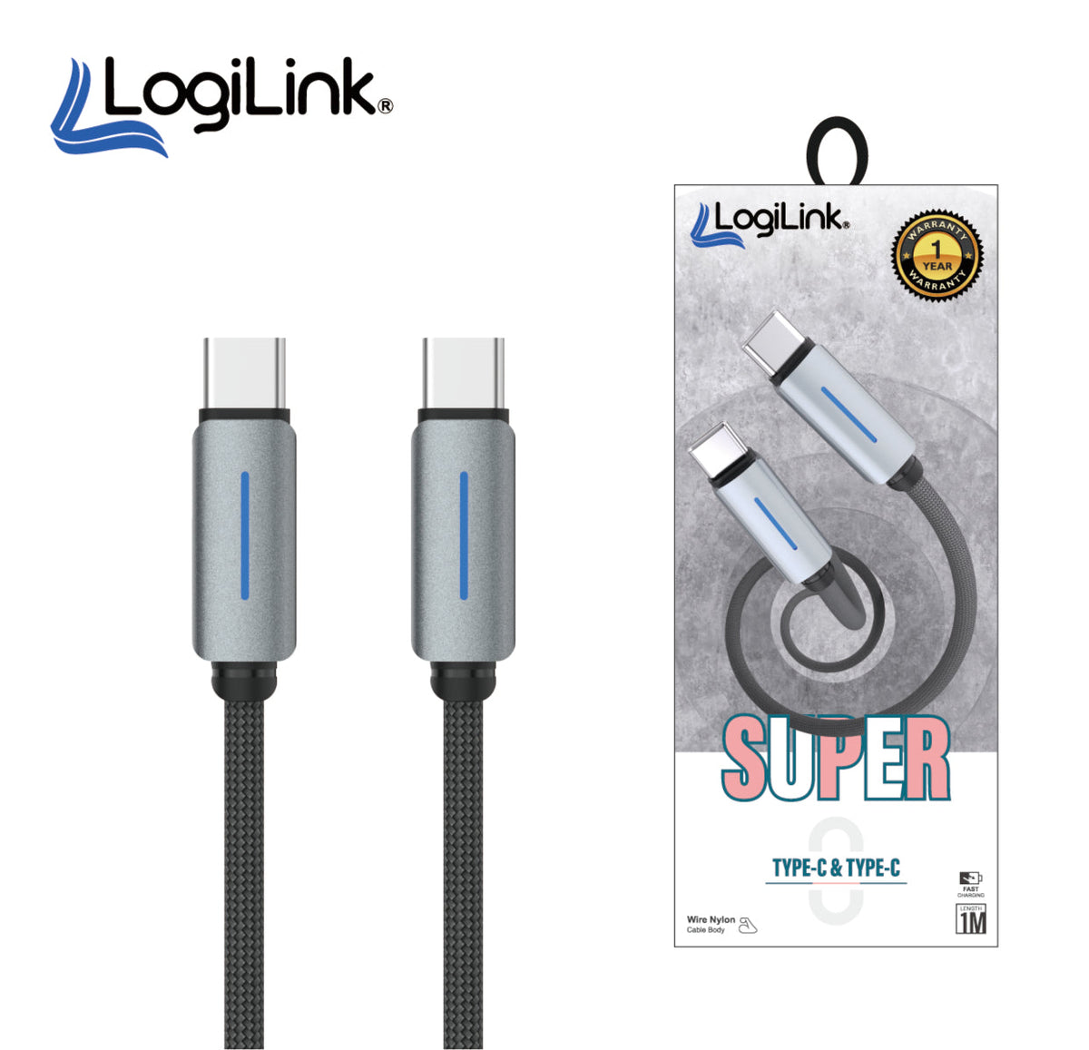 LOGILINK TYPE C TO TYPE C NYLON FAST CHARGING DATA CABLE WITH LIGHT 1M (1 YEAR WARRANTY) GREY