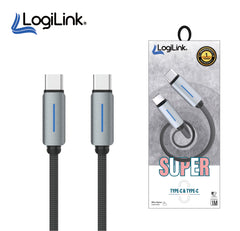 LOGILINK TYPE C TO TYPE C NYLON FAST CHARGING DATA CABLE WITH LIGHT 1M (1 YEAR WARRANTY) GREY