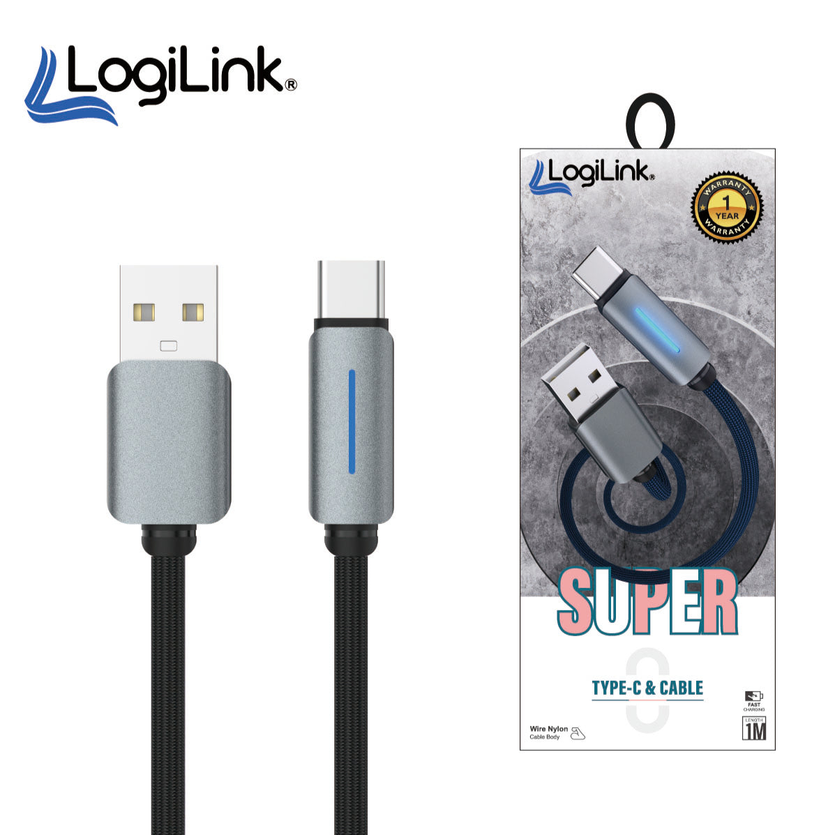 LOGILINK USB TO TYPE C NYLON FAST CHARGING DATA CABLE WITH LIGHT 1M (1 YEAR WARRANTY) BLACK